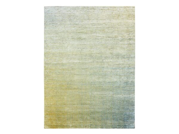 9'x12'2" Lemon Yellow, Modern, Mid Century Inspired Grid and Line Design, Wool & Pure Silk, Hand Knotted Oriental Rug HR75509