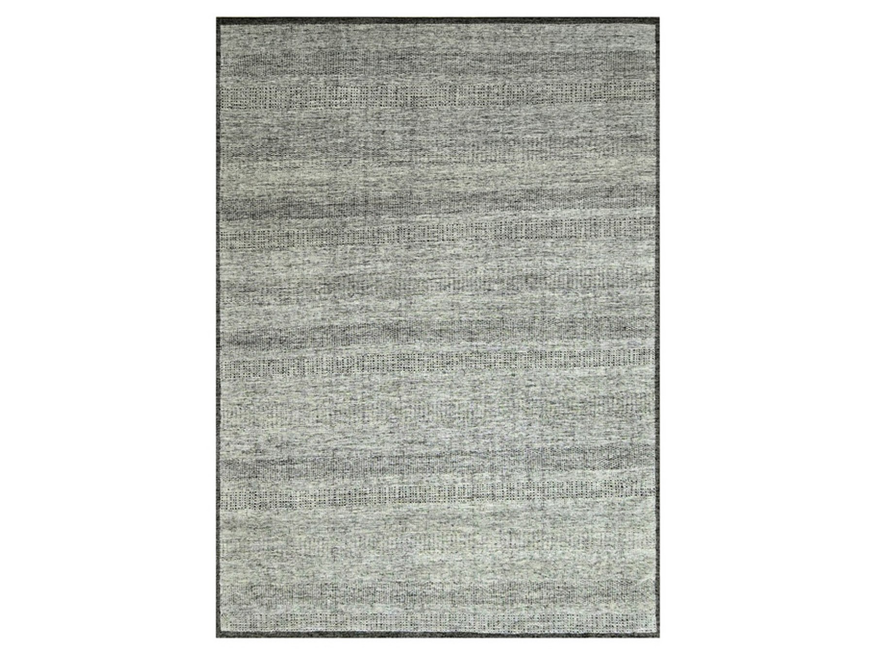 10'x14' Caviar Black with Ivory, Hand Knotted, Organic Wool, Distressed, Oxidized Grass Design with Exposed Warps, Oriental Rug HR76713