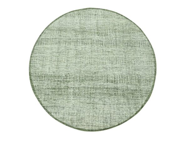 6'x6' Basil Green with Ivory, Hand Knotted, Organic Wool, Oxidized and Distressed Grass Design with Exposed Warps, Round, Oriental Rug HR76732