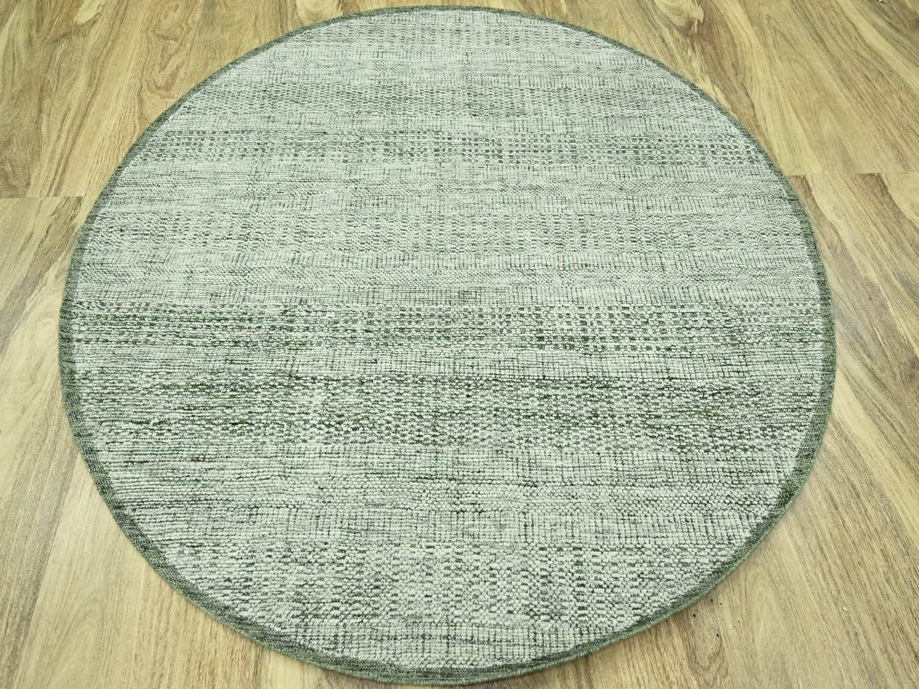 6'x6' Basil Green with Ivory, Hand Knotted, Organic Wool, Oxidized and Distressed Grass Design with Exposed Warps, Round, Oriental Rug HR76732 - Image 2