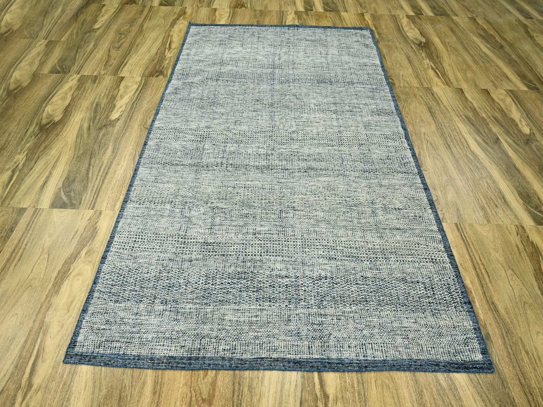 6'x9'1" Aegean Blue, Oxidized and Distressed Grass Design with Exposed Warps, 100% Wool, Hand Knotted, Oriental Rug HR76737 - Image 2