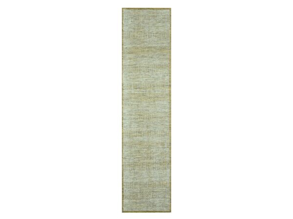 2'6"x12' Mustard Yellow, Distressed and Oxidized Grass Design with Exposed Warps, Hand Knotted, 100% Wool, Runner, Oriental Rug HR76752