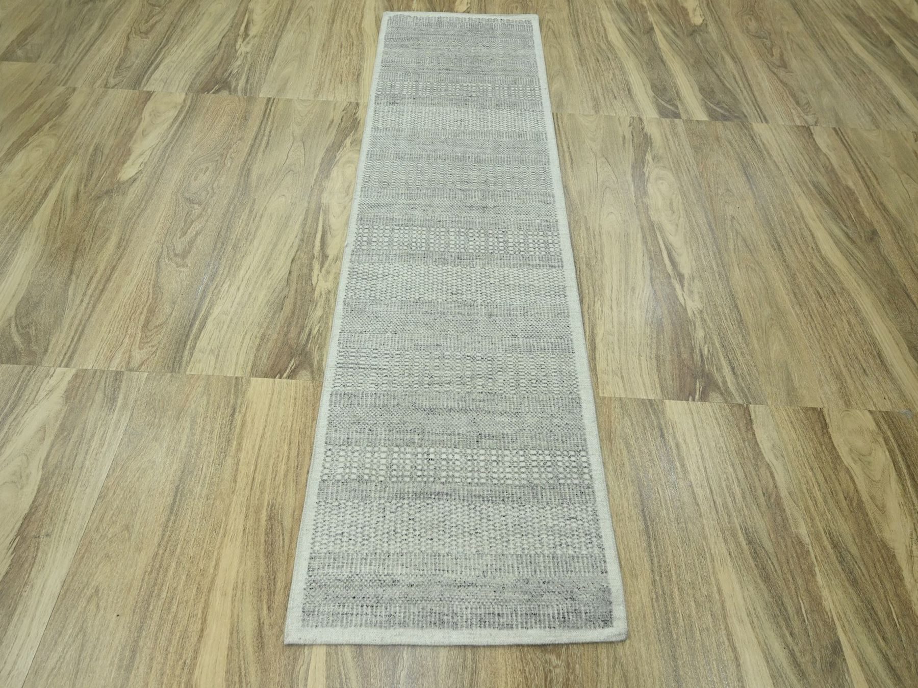 2'6"x8'1" Misty Gray, Hand Knotted, 100% Wool, Oxidized and Distressed Grass Design with Exposed Warps, Runner, Oriental Rug HR76757 - Image 2