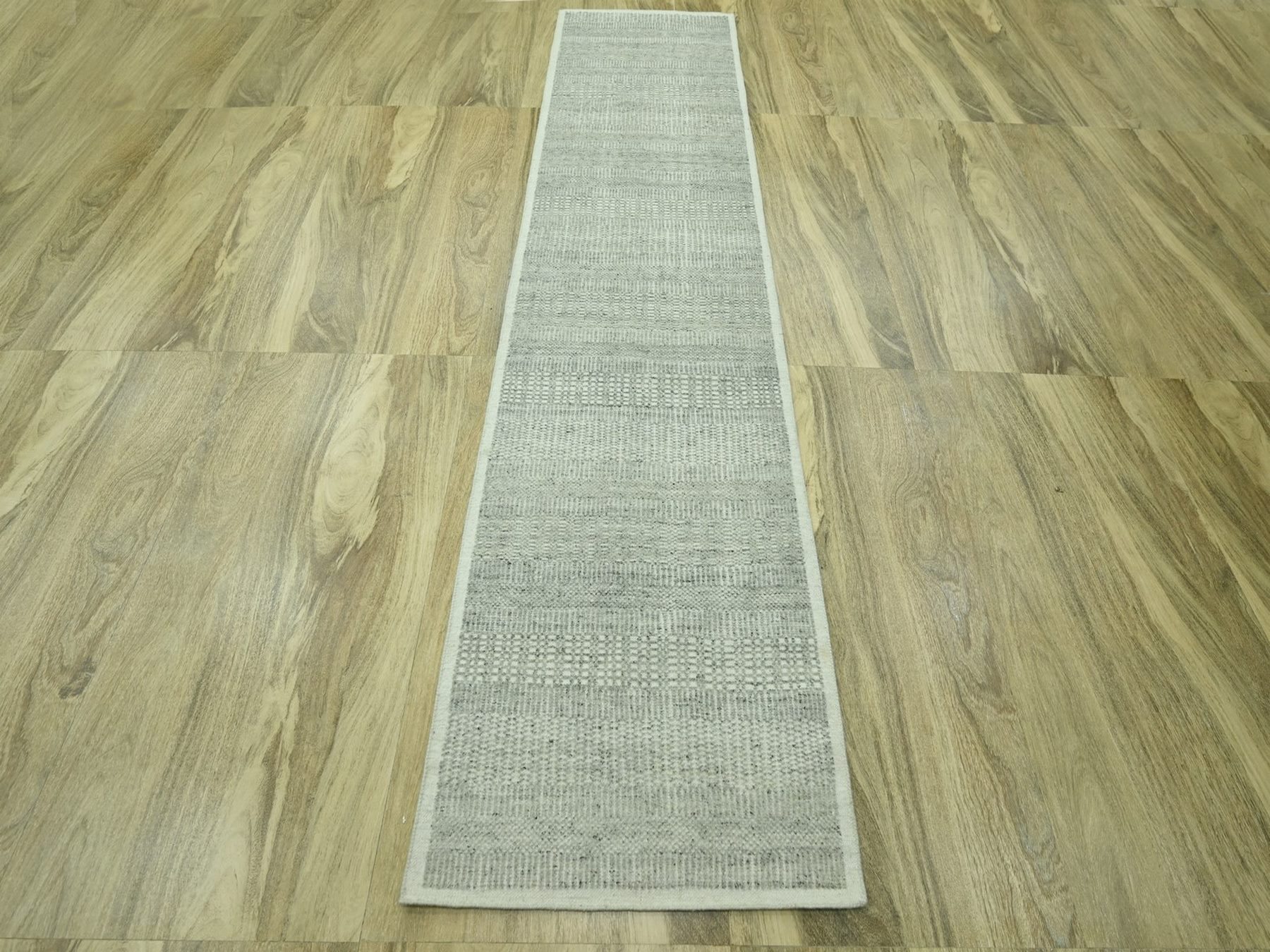 2'7"x10'3" Medium Gray, Oxidized and Distressed Grass Design with Exposed Warps, Hand Knotted, Natural Wool, Runner, Oriental Rug HR76758 - Image 2