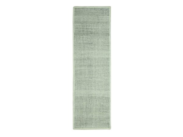 2'7"x6'3" Cloud Gray, 100% Natural Wool, Oxidized and Distressed Grass Design with Exposed Warps, Hand Knotted, Runner, Oriental Rug HR76765