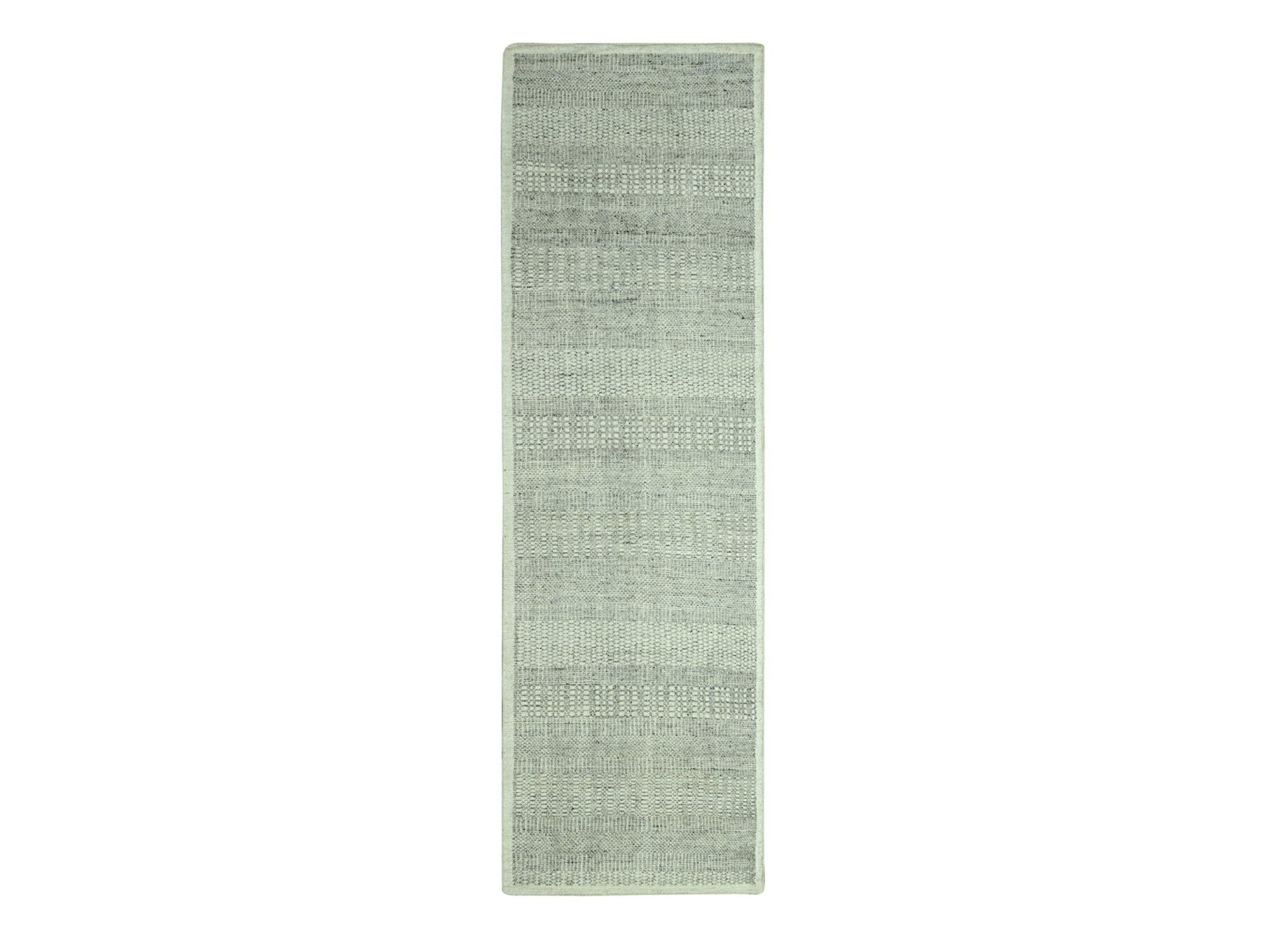 2'7"x6'3" Cloud Gray, 100% Natural Wool, Oxidized and Distressed Grass Design with Exposed Warps, Hand Knotted, Runner, Oriental Rug HR76765