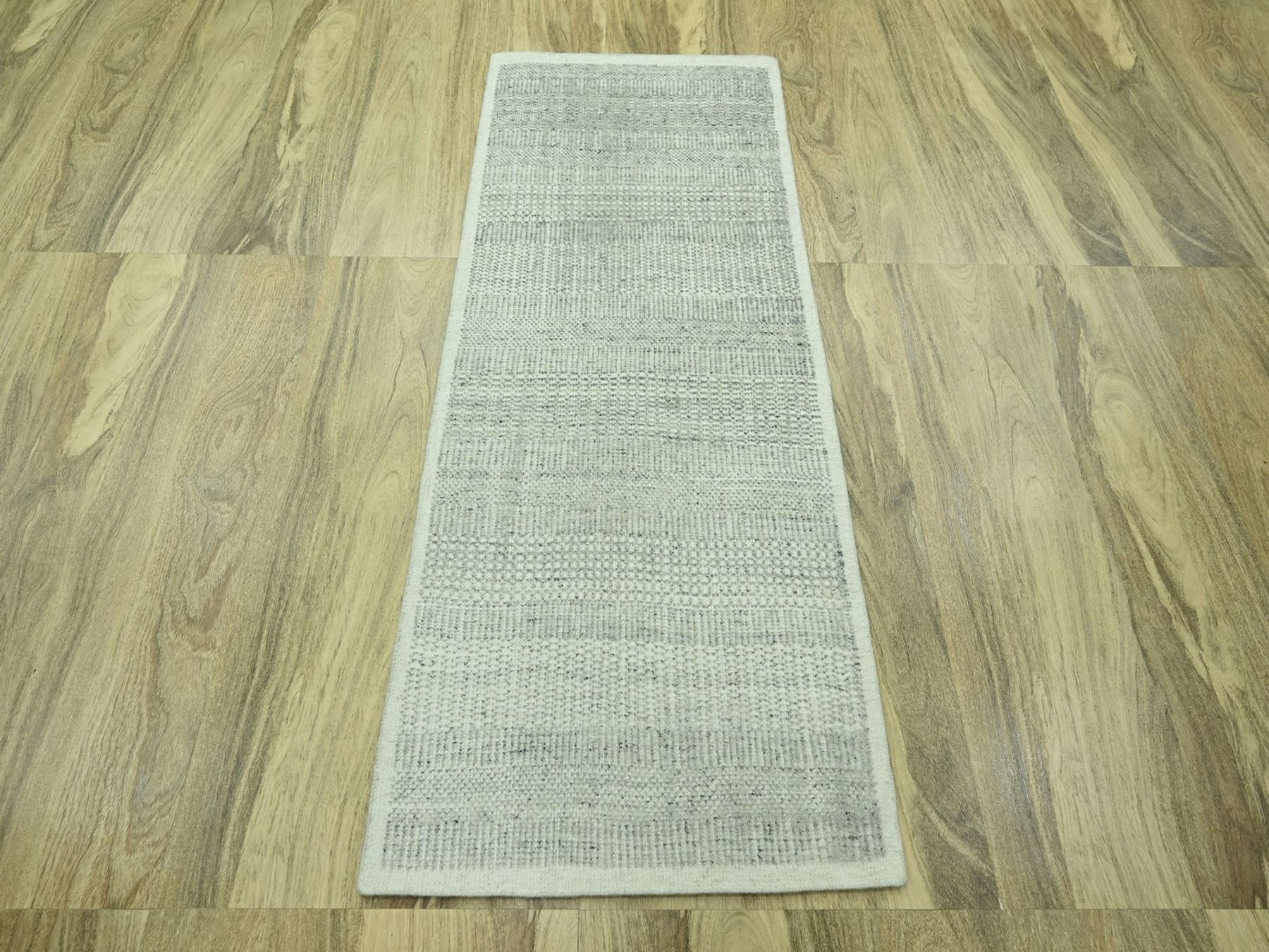 2'7"x6'3" Cloud Gray, 100% Natural Wool, Oxidized and Distressed Grass Design with Exposed Warps, Hand Knotted, Runner, Oriental Rug HR76765 - Image 2