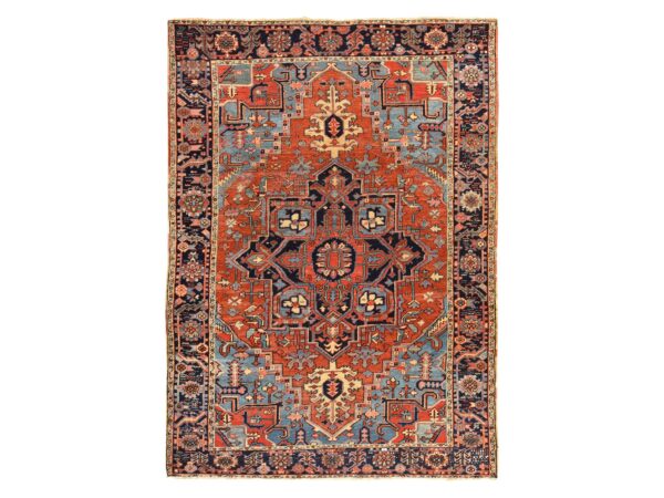 7'2"x10' Clay Red, Antique Persian Heriz with Light Blue Corners, Even Wear, Good Condition and Clean, 100% Wool, Hand Knotted, Oriental Rug HR78423