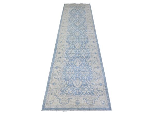2'8"x10'4" Ruddy Blue, Hand Knotted, Vegetable Dyes, Natural Wool, White Wash Peshawar, Runner Oriental Rug HR88354