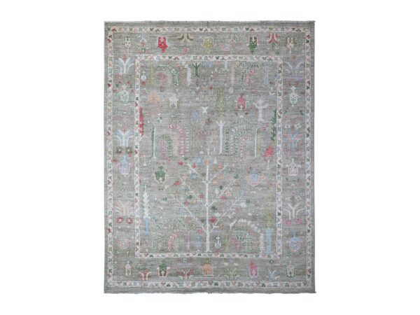 7'8"x9'10" Reseda Green, Natural Dyes, Wool Weft, Hand Knotted, Afghan Angora Oushak, Soft Pile, Tribal Willow And Cypress Design, Oriental Rug HR89155