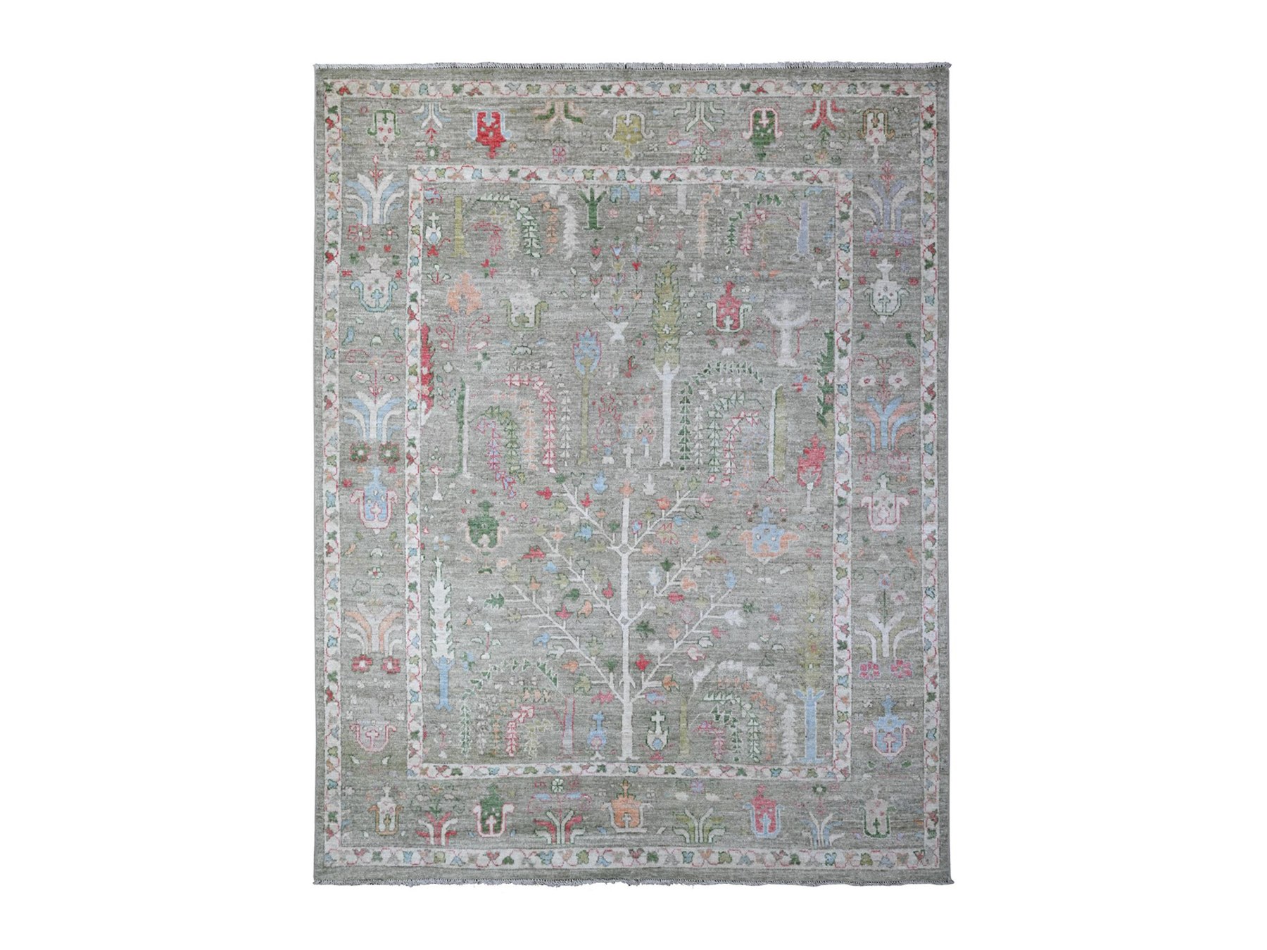 7'8"x9'10" Reseda Green, Natural Dyes, Wool Weft, Hand Knotted, Afghan Angora Oushak, Soft Pile, Tribal Willow And Cypress Design, Oriental Rug HR89155