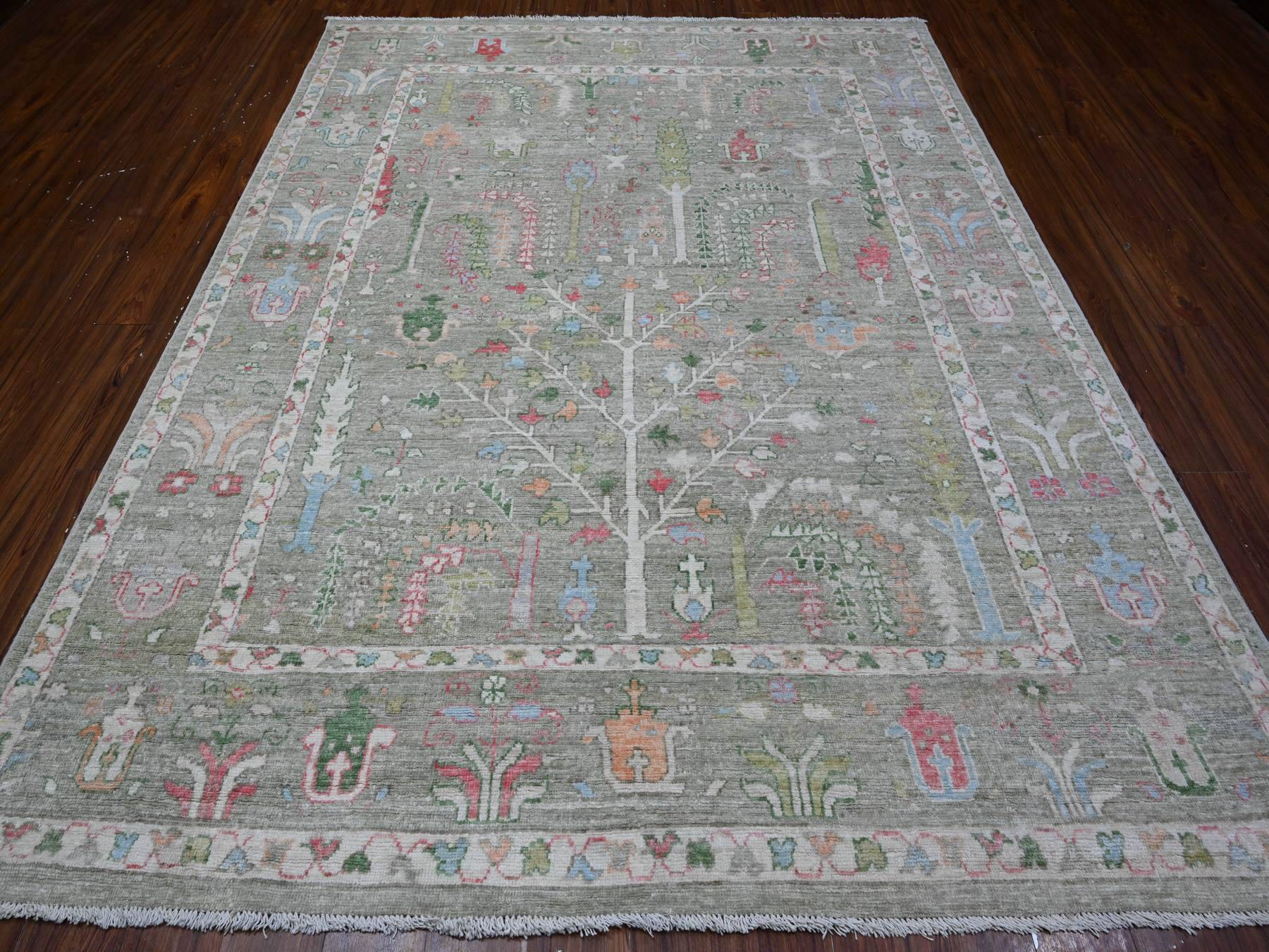 7'8"x9'10" Reseda Green, Natural Dyes, Wool Weft, Hand Knotted, Afghan Angora Oushak, Soft Pile, Tribal Willow And Cypress Design, Oriental Rug HR89155 - Image 2