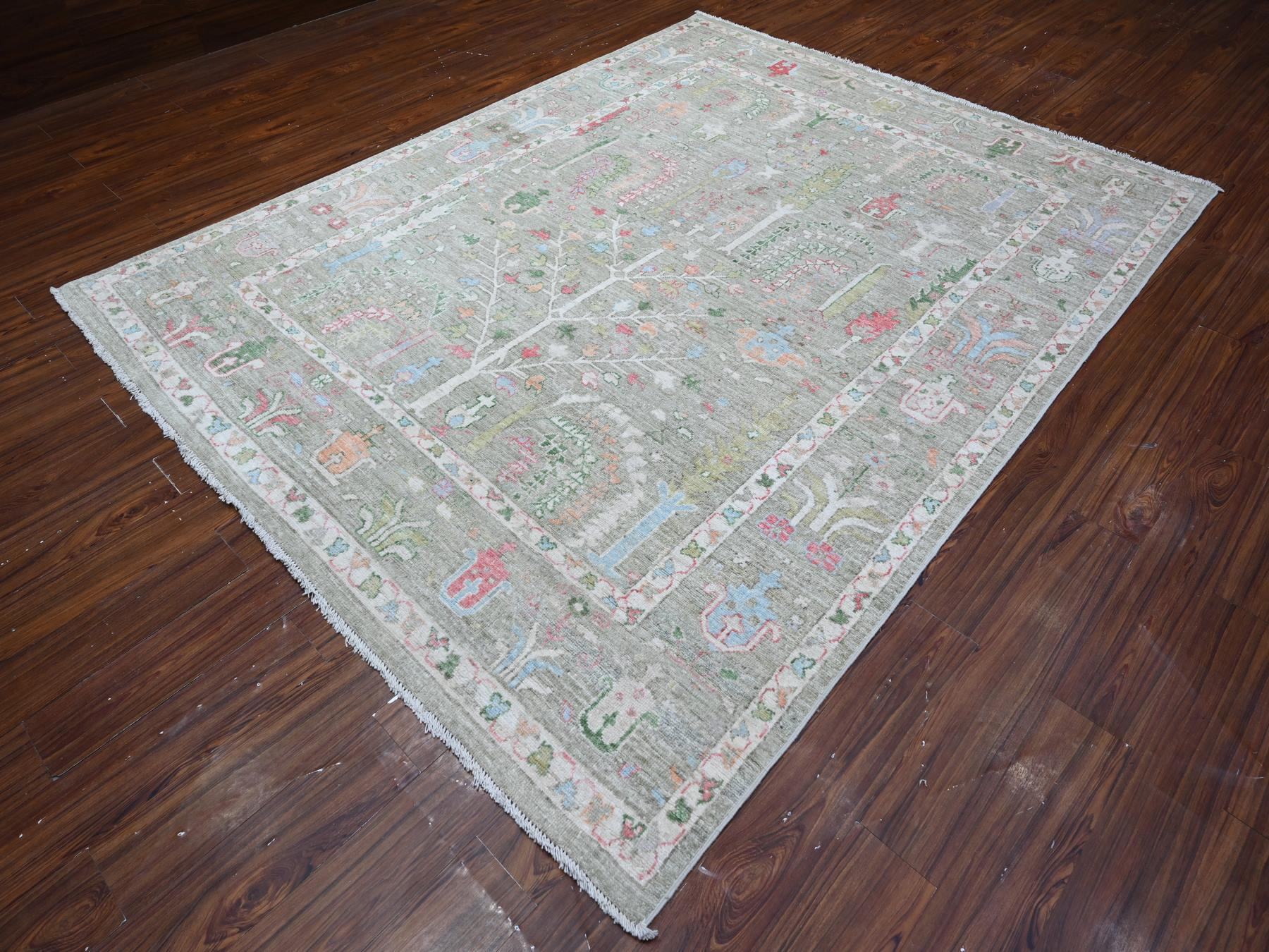 7'8"x9'10" Reseda Green, Natural Dyes, Wool Weft, Hand Knotted, Afghan Angora Oushak, Soft Pile, Tribal Willow And Cypress Design, Oriental Rug HR89155 - Image 3
