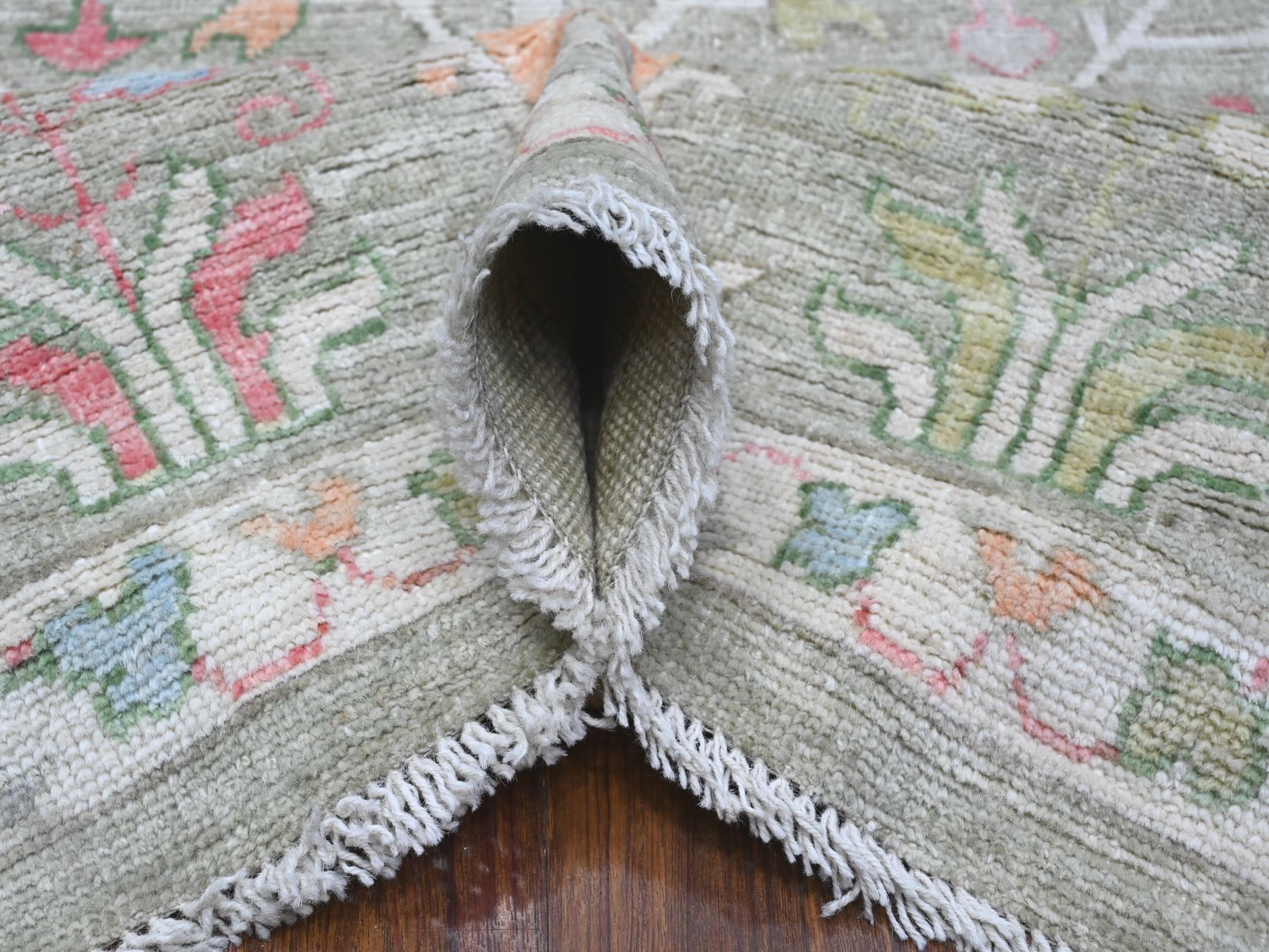 7'8"x9'10" Reseda Green, Natural Dyes, Wool Weft, Hand Knotted, Afghan Angora Oushak, Soft Pile, Tribal Willow And Cypress Design, Oriental Rug HR89155 - Image 5