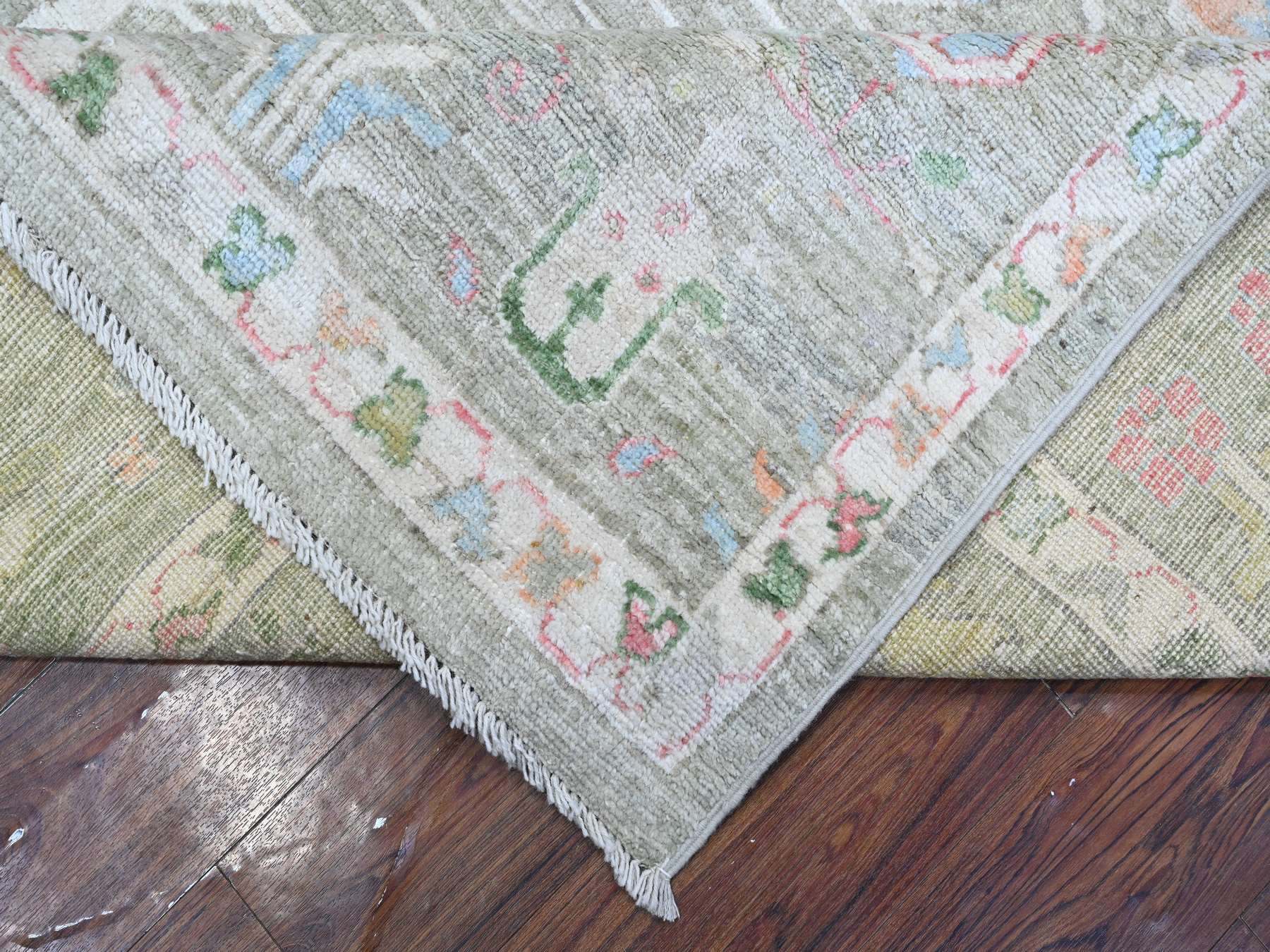 7'8"x9'10" Reseda Green, Natural Dyes, Wool Weft, Hand Knotted, Afghan Angora Oushak, Soft Pile, Tribal Willow And Cypress Design, Oriental Rug HR89155 - Image 6