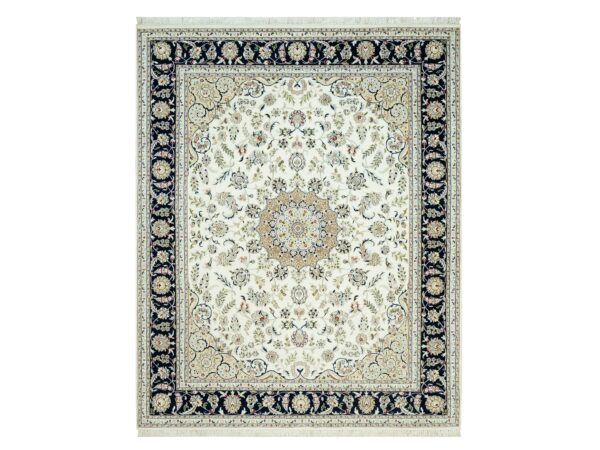 7'10"x10' Origami White, Hand Knotted, 250 KPSI, Nain Organic Wool Center Medallion Flower Design, Denser Weave, Oriental Rug HR90519