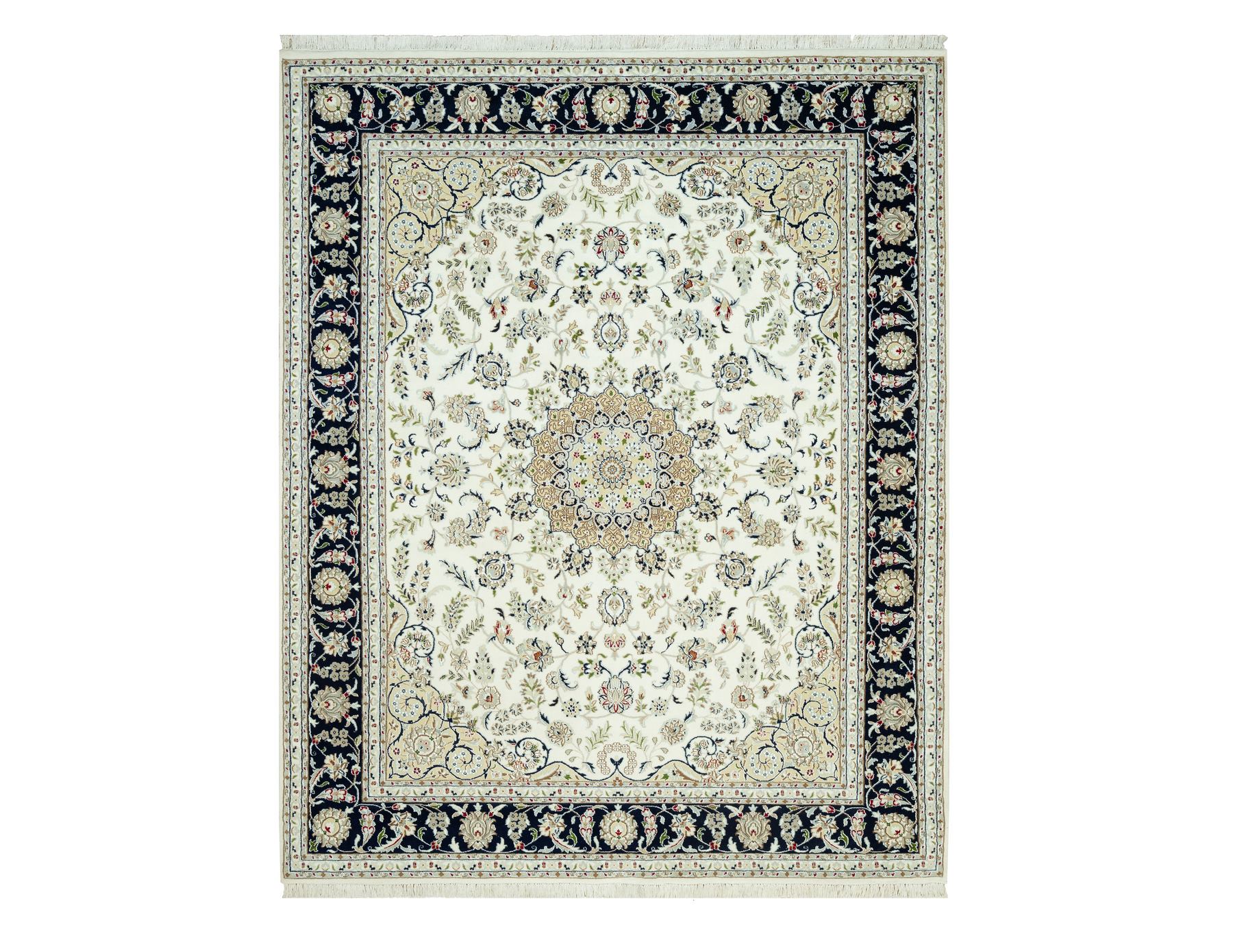 7'10"x10' Origami White, Hand Knotted, 250 KPSI, Nain Organic Wool Center Medallion Flower Design, Denser Weave, Oriental Rug HR90519
