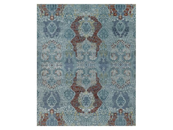 8'1"x10'1" Cerulean Blue, Jewelry Design, Wool and Silk, Hand Knotted, Oriental Rug HR91804