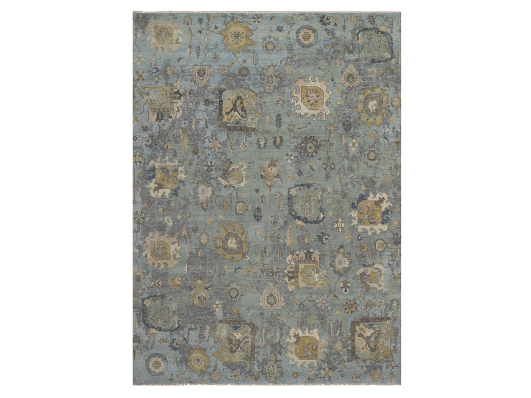 8'7"x12' Silt Green, Oushak without a Border, All Over Leaf Pattern, Hand Knotted, 100% Wool, Oriental Rug HR91809