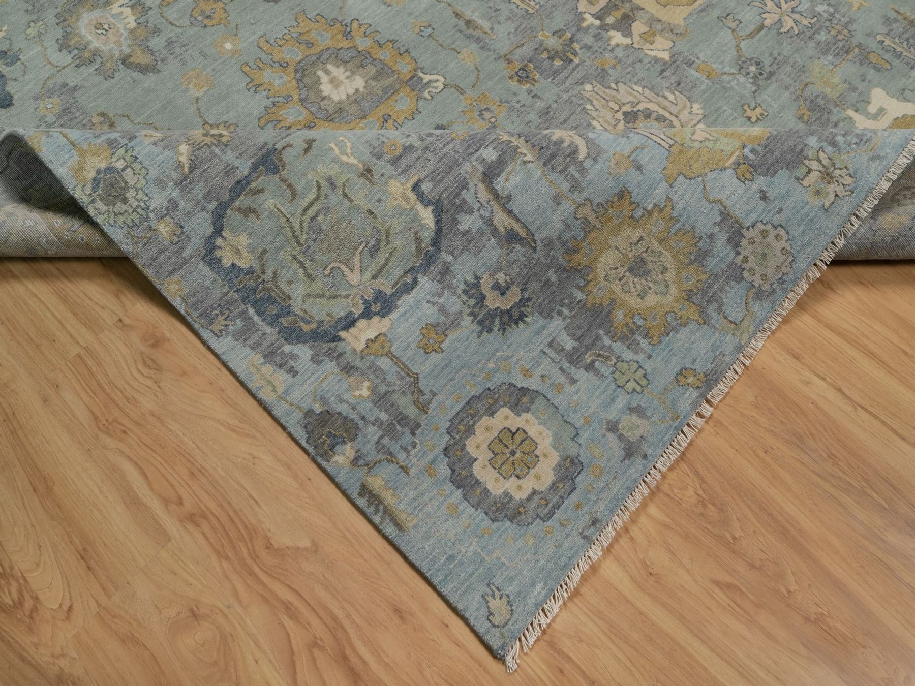 8'7"x12' Silt Green, Oushak without a Border, All Over Leaf Pattern, Hand Knotted, 100% Wool, Oriental Rug HR91809 - Image 6