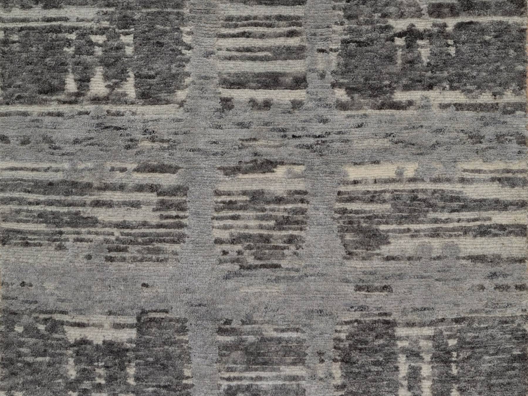 2'6"x8' Dim Gray, Hand Knotted, Modern Criss Cross Erased Design, Hand Spun Undyed Natural Wool, Runner, Oriental Rug HR91812 - Image 5