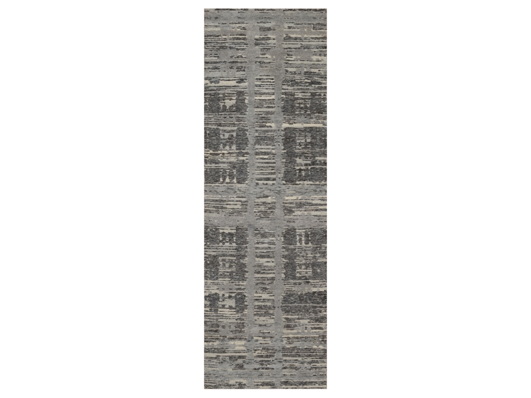 2'6"x8' Sonic Gray, Modern Criss Cross Erased Design, Hand Knotted, Hand Spun Undyed Natural Wool, Runner, Oriental Rug HR91818