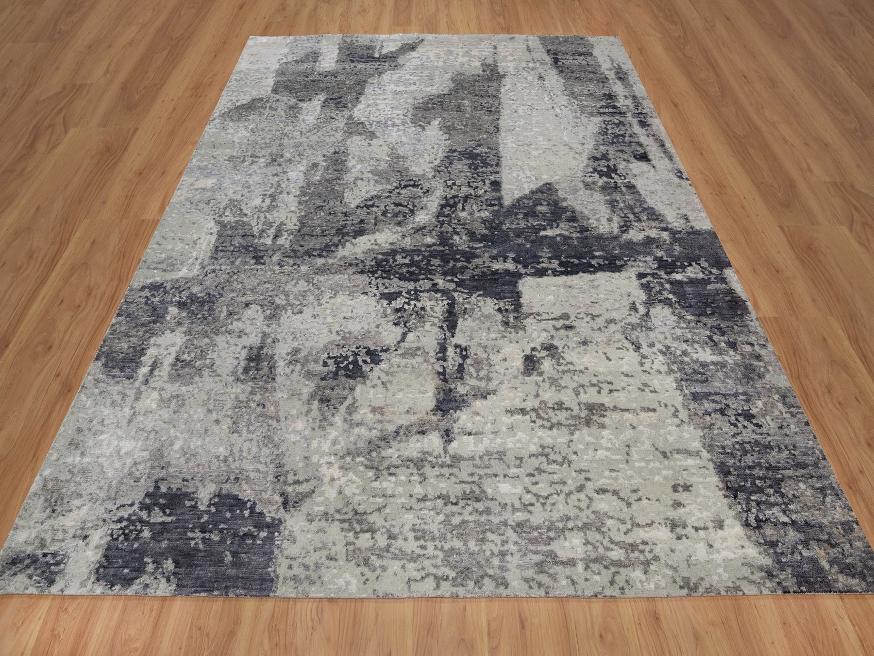 8'2"x10' Shades of Gray, Abstract Modern Design, Hand Knotted, 100% Wool, Oriental Rug HR91827 - Image 2