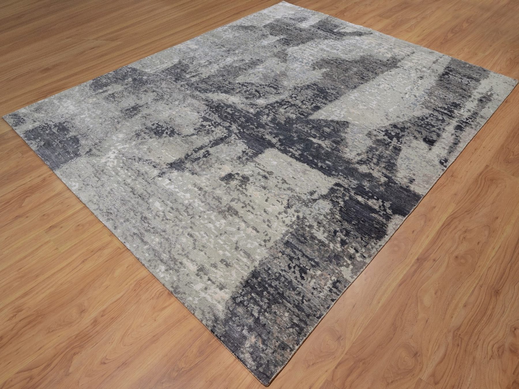8'2"x10' Shades of Gray, Abstract Modern Design, Hand Knotted, 100% Wool, Oriental Rug HR91827 - Image 3
