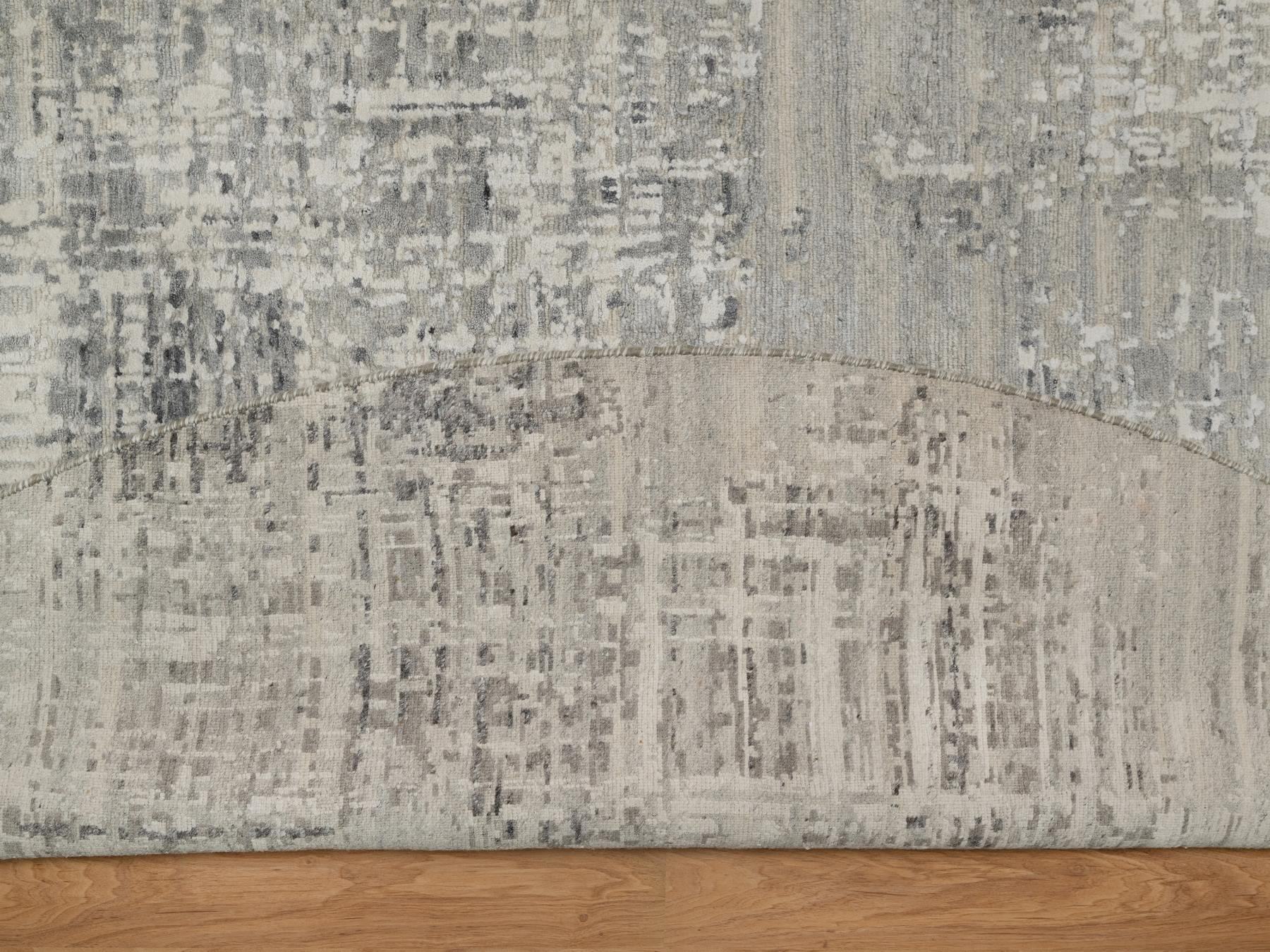 10'x10' Pastel Gray, Modern Erased Design, Hand Knotted, Hand Spun Undyed Natural Wool, Round, Oriental Rug HR91862 - Image 4