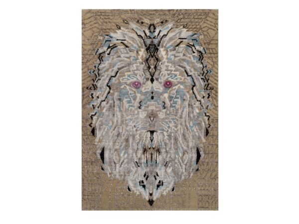 2'x3' Almond Brown, Hand Knotted, The Maharaja Lion Novelty, Wool and Silk, Soft to the Touch, Sample, Mat, Oriental Rug HR91885