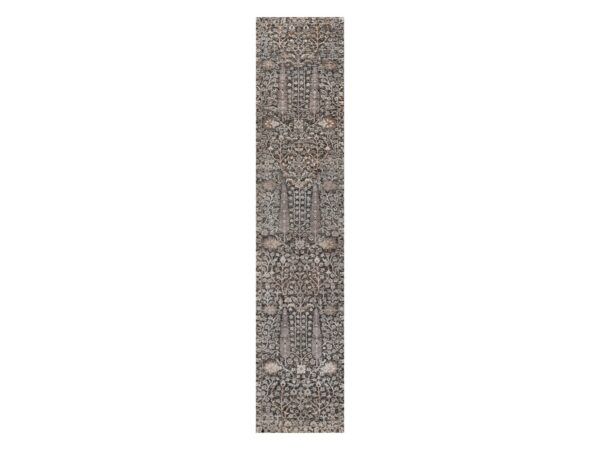 2'4"x12' Bistre Brown, Willow and Cypress Tree Design, Denser Weave, Textured Wool and Silk, Hand Knotted, Runner, Oriental Rug HR91901