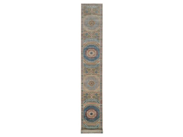 2'8"x19'10" Almond Brown, Mamluk Design with Geometric Medallions, Hand Knotted, Textured Wool and Silk, XL Runner, Oriental Rug HR91906