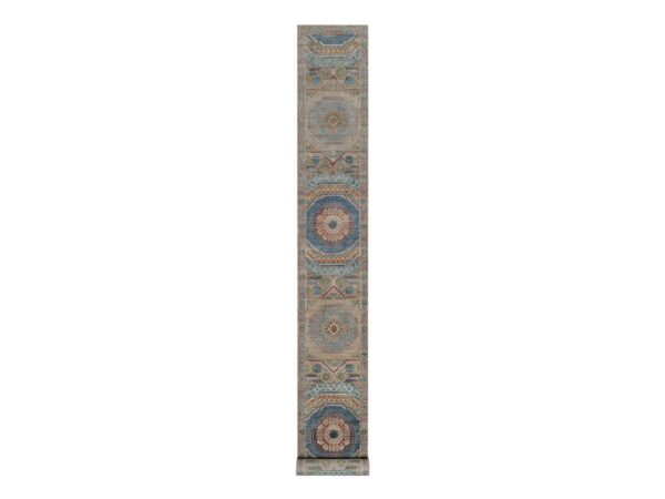 2'6"x21'10" Lark Brown, Hand Knotted, Mamluk Design with Geometric Medallions, Textured Wool and Silk, XL Runner, Oriental Rug HR91907