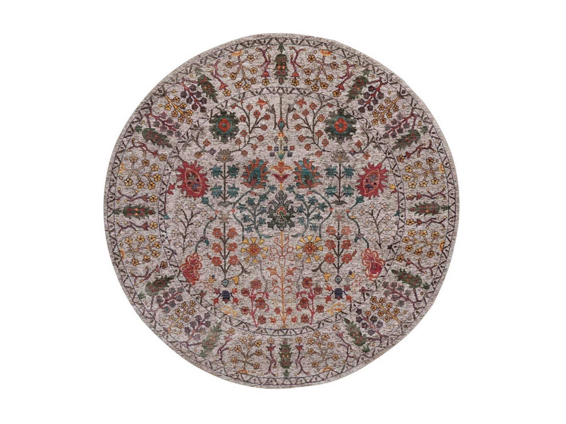 6'x6' Swan White with Brown, Directional Vase Design, Hand Knotted, Silk with Textured Wool, Round, Oriental Rug HR91908