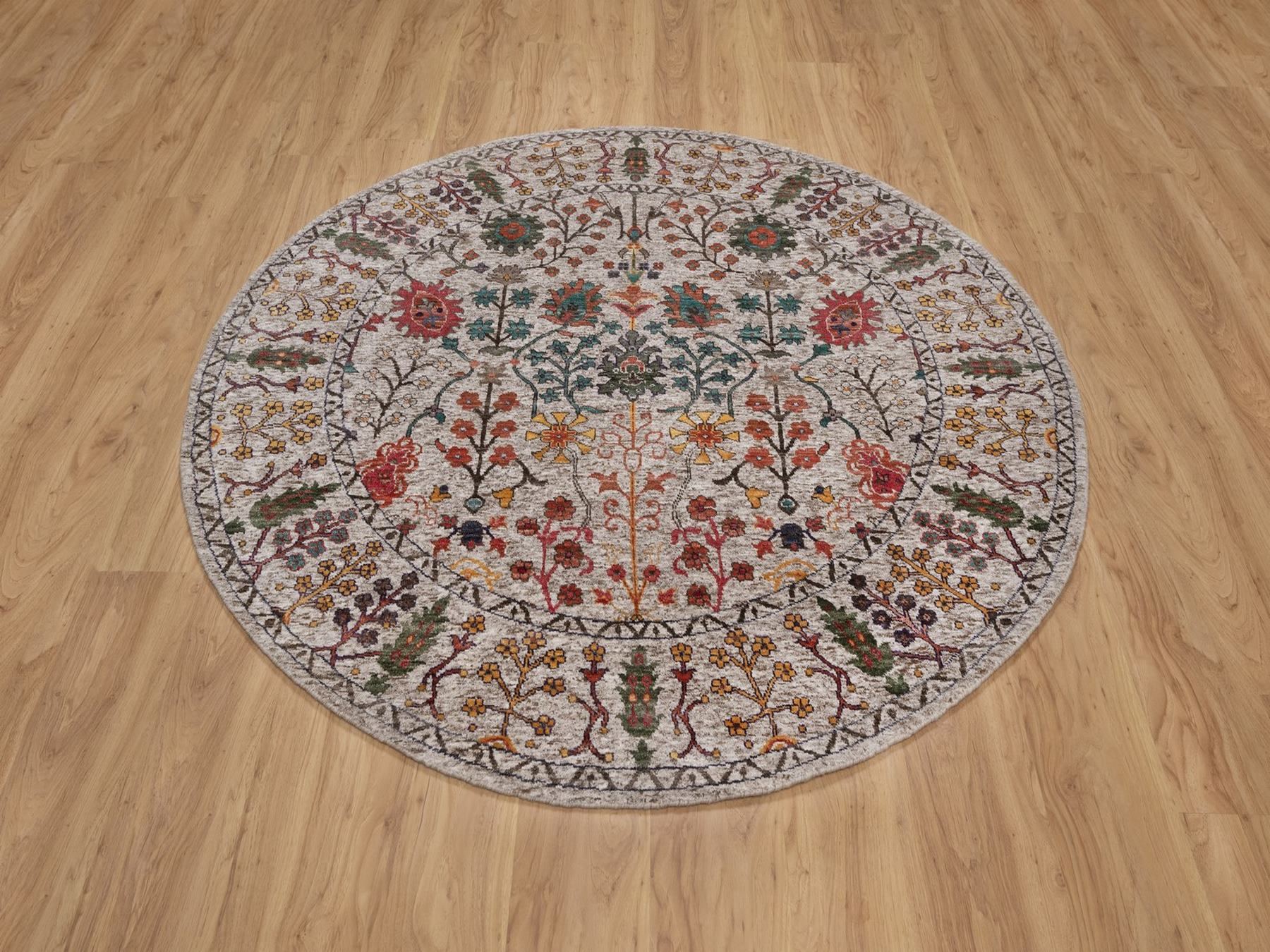6'x6' Swan White with Brown, Directional Vase Design, Hand Knotted, Silk with Textured Wool, Round, Oriental Rug HR91908 - Image 2