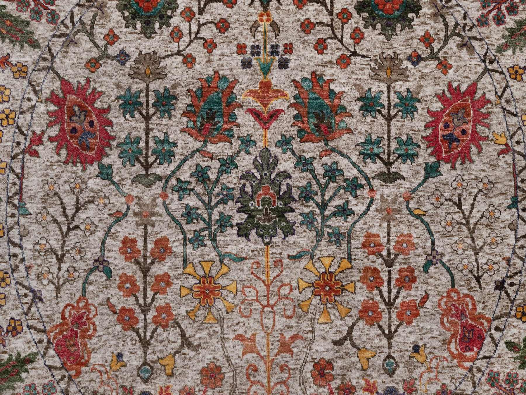 6'x6' Swan White with Brown, Directional Vase Design, Hand Knotted, Silk with Textured Wool, Round, Oriental Rug HR91908 - Image 5