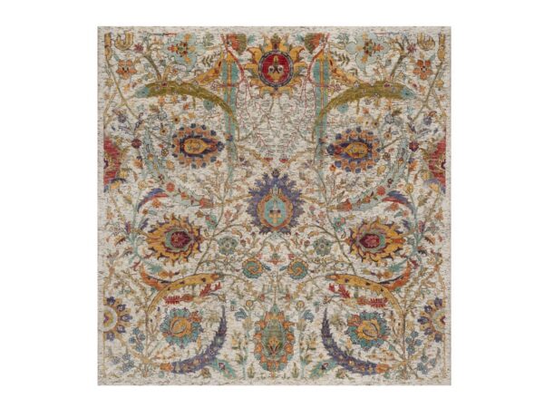 6'x6' Papyrus White, Sickle Leaf Design, Hand Knotted, Silk with Textured Wool, Square, Oriental Rug HR91909