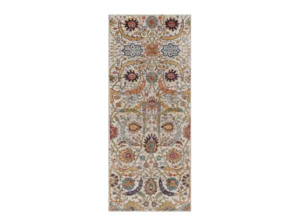 2'5"x6' Winter White, Silk with Textured Wool, Colorful Sickle Leaf Design, Hand Knotted, Runner, Oriental Rug HR91915