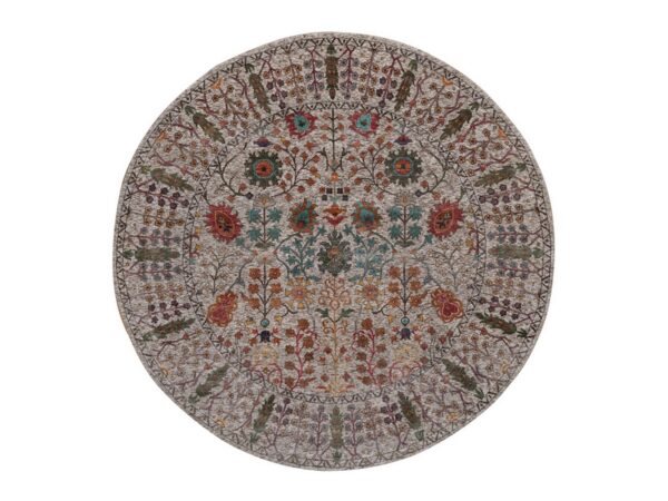 7'10"x7'10" Snow White with Brown, Directional Vase Design, Hand Knotted, Silk with Textured Wool, Round, Oriental Rug HR91919