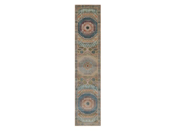 2'6"x12' Khaki Brown, Mamluk Design with Geometric Medallions, Textured Wool and Silk, Hand Knotted, Runner, Oriental Rug HR91926