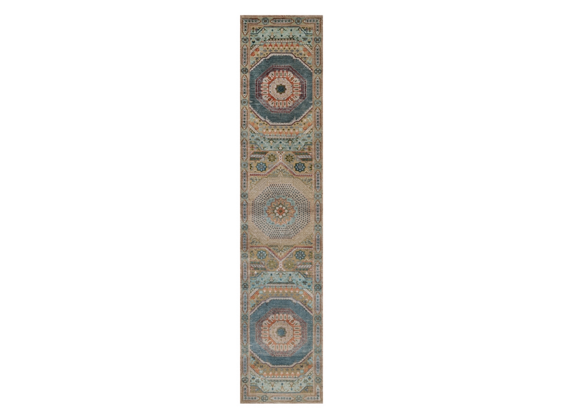 2'6"x12' Khaki Brown, Mamluk Design with Geometric Medallions, Textured Wool and Silk, Hand Knotted, Runner, Oriental Rug HR91926