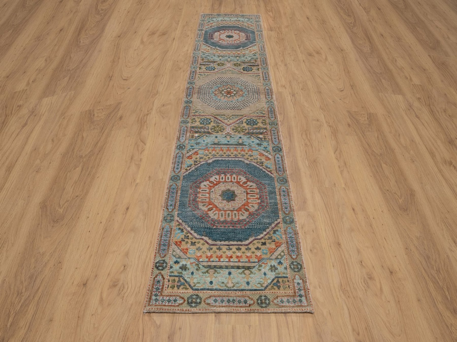 2'6"x12' Khaki Brown, Mamluk Design with Geometric Medallions, Textured Wool and Silk, Hand Knotted, Runner, Oriental Rug HR91926 - Image 2