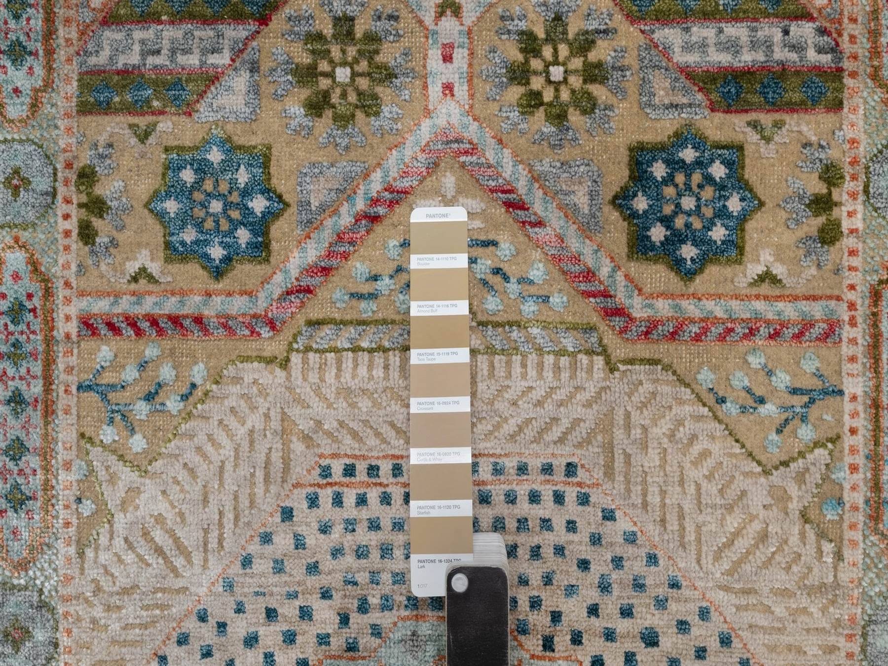 2'6"x12' Khaki Brown, Mamluk Design with Geometric Medallions, Textured Wool and Silk, Hand Knotted, Runner, Oriental Rug HR91926 - Image 4