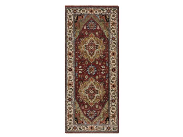 2'7"x6'1" Ruby Red, Hand Spun New Zealand Wool, Soft Pile, Vegetable Dyes, Antiqued Fine Heriz Re-Creation, Medallions Design, Hand Knotted, Wide Runner, Oriental Rug HR91930