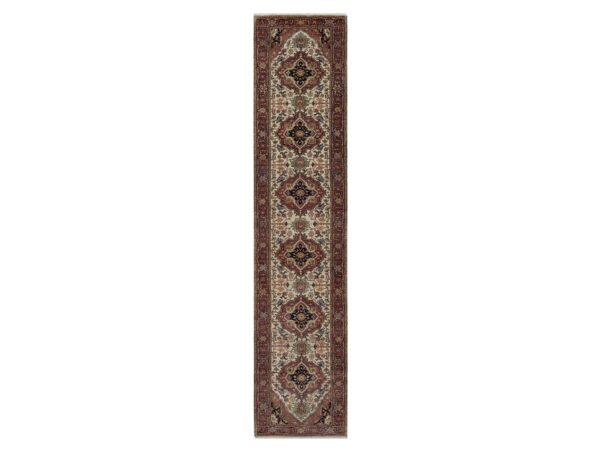 2'6"x14'2" Parchment White, Antiqued Fine Heriz Re-Creation, Medallions Design, Hand Knotted, Hand Spun New Zealand Wool, Soft Pile, Vegetable Dyes, Runner, Oriental Rug HR91934