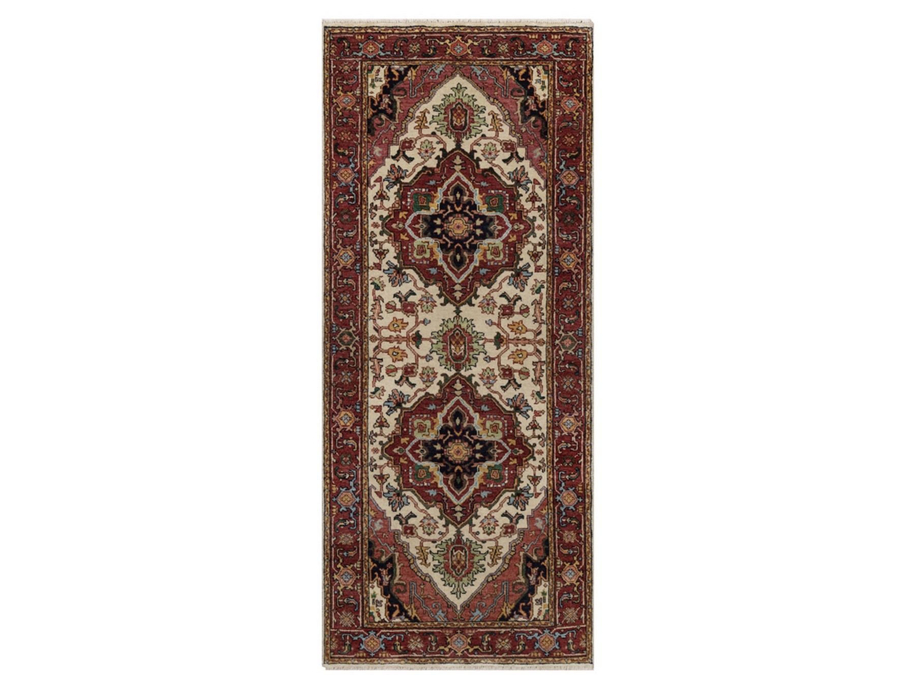 2'7"x6'1" Chiffon White, Hand Knotted, Hand Spun New Zealand Wool, Soft Pile, Vegetable Dyes, Antiqued Fine Heriz Re-Creation, Medallions Design, Runner, Oriental Rug HR91935