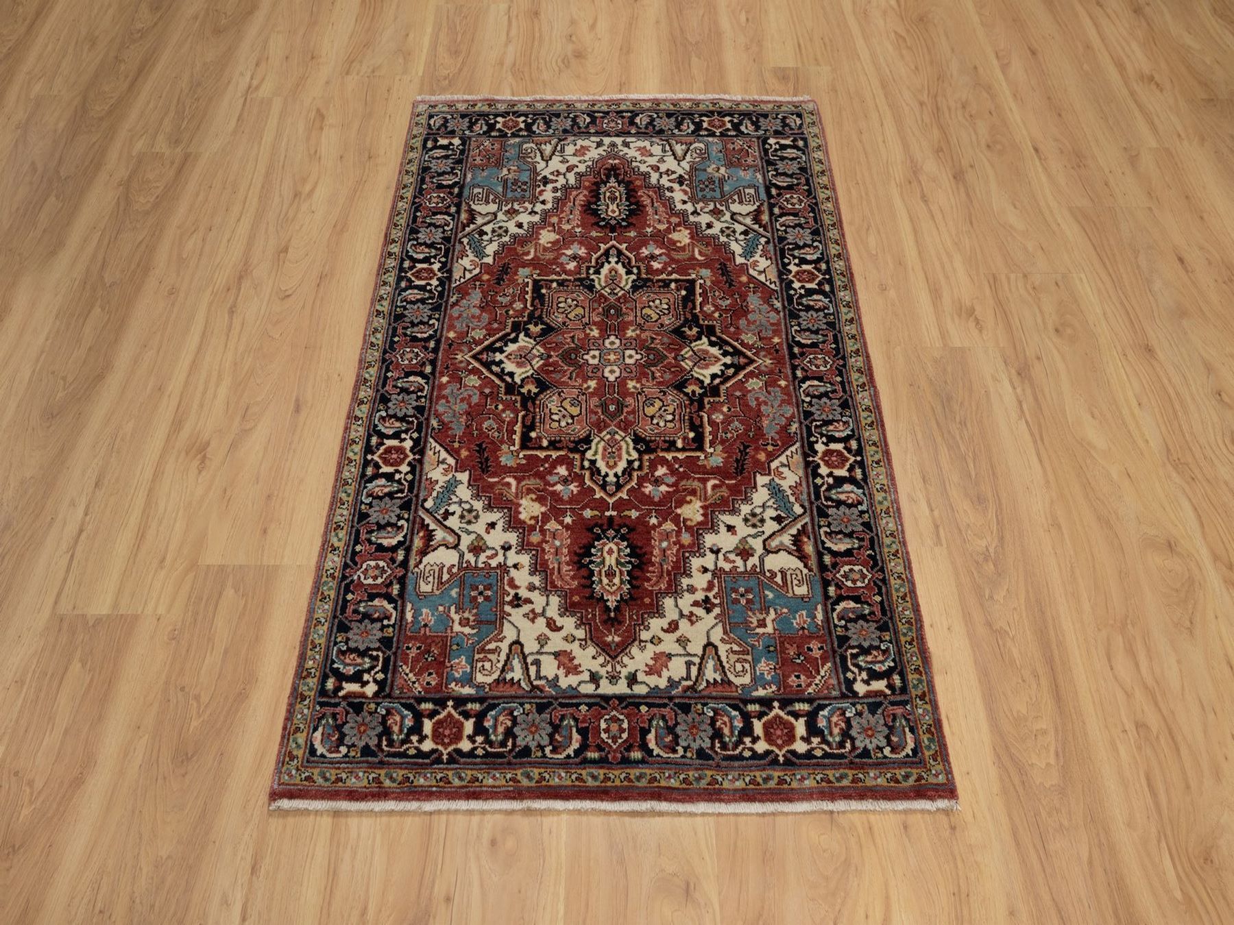 3'x5' Berry Red, Hand Knotted, Hand Spun New Zealand Wool, Soft Pile, Vegetable Dyes, Antiqued Fine Heriz Re-Creation, Medallion Design, Oriental Rug HR91938 - Image 2