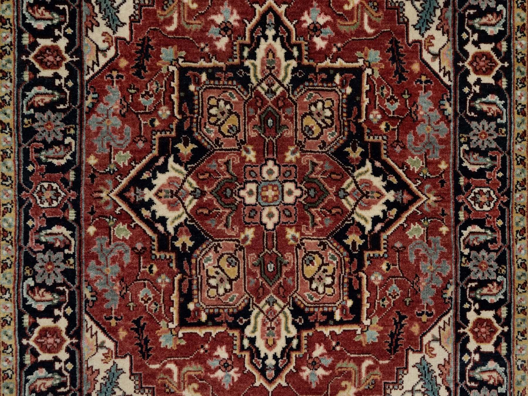 3'x5' Berry Red, Hand Knotted, Hand Spun New Zealand Wool, Soft Pile, Vegetable Dyes, Antiqued Fine Heriz Re-Creation, Medallion Design, Oriental Rug HR91938 - Image 5
