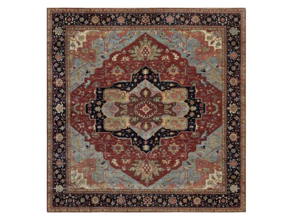 14'2"x14'2" Brick Red, Hand Knotted, Hand Spun New Zealand Wool, Soft Pile, Vegetable Dyes, Antiqued Fine Heriz Re-Creation, Medallion Design, Square, Oriental Rug HR91948
