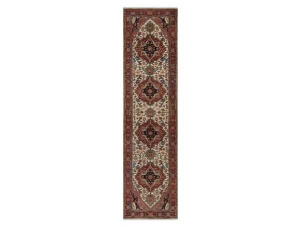 2'7"x10'1" Swan White, Antiqued Fine Heriz Re-Creation, Medallions Design, Hand Spun New Zealand Wool, Soft Pile, Vegetable Dyes, Hand Knotted, Runner, Oriental Rug HR91961